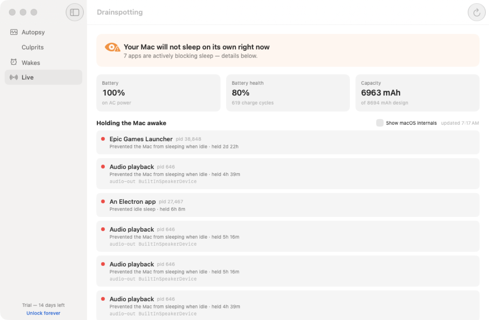 Live view showing current sleep blockers and battery health