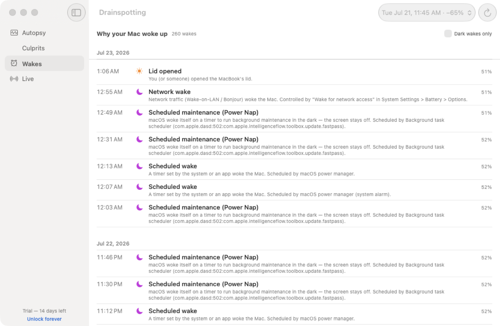 Wakes view listing decoded wake causes grouped by day